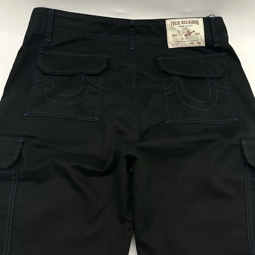 True Religion Size 34 Jet Black Pacific Blue Stitch Flap Baggy Cargo Pants NWT